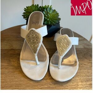 Impo White Leather Thong Sandal, Gold Detail